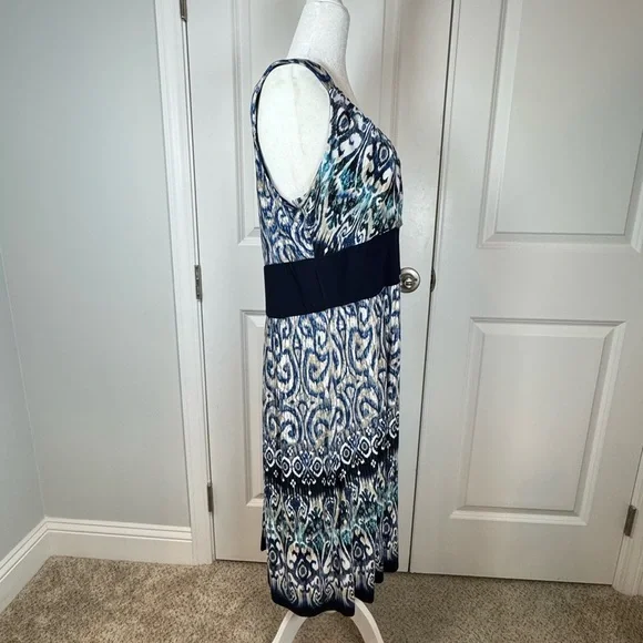 R&M Richards Blue Ikat Empire Waist Midi Dress 18 Resort Cruise Vacation Summer - Picture 3 of 9